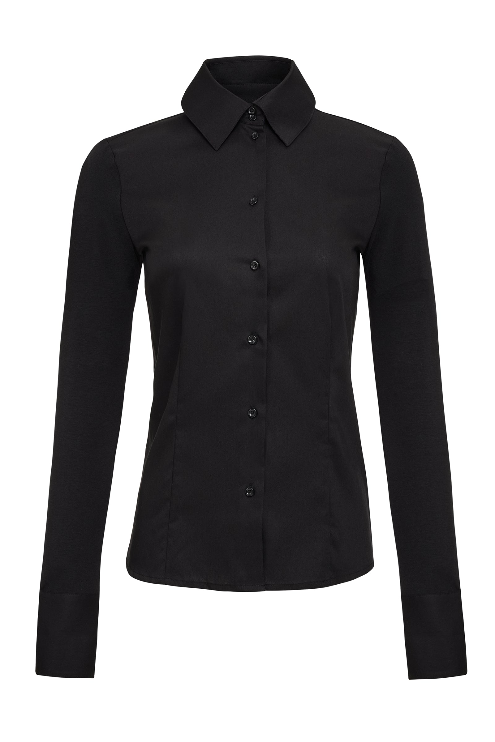 The Best Travel Shirt. Woman Showing the Front Profile of a Alida Button Down Poplin Shirt in Black