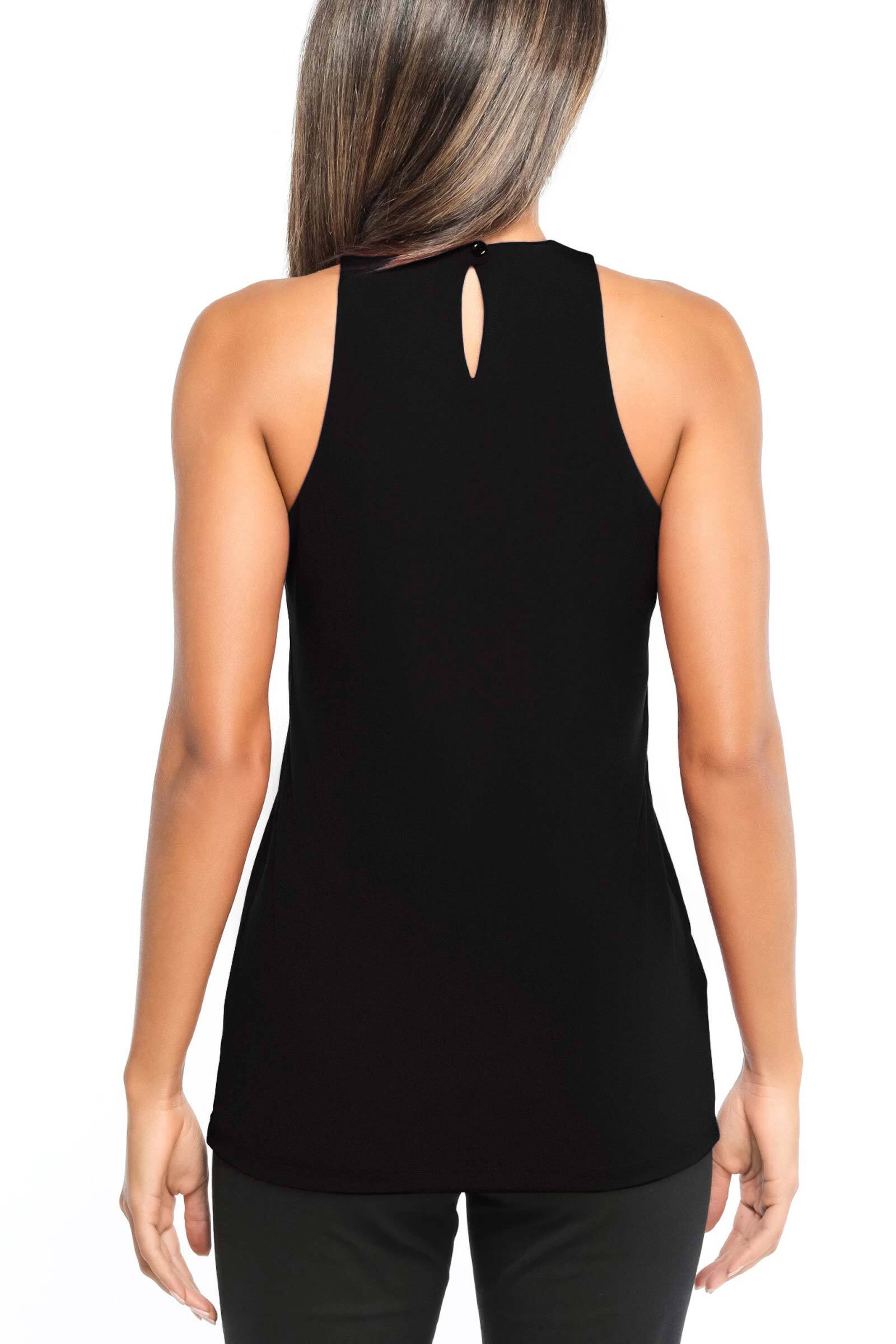 The Best Travel Top. Woman Showing the Front Profile of a Cami Wrinkle Free Travel Tank in Black