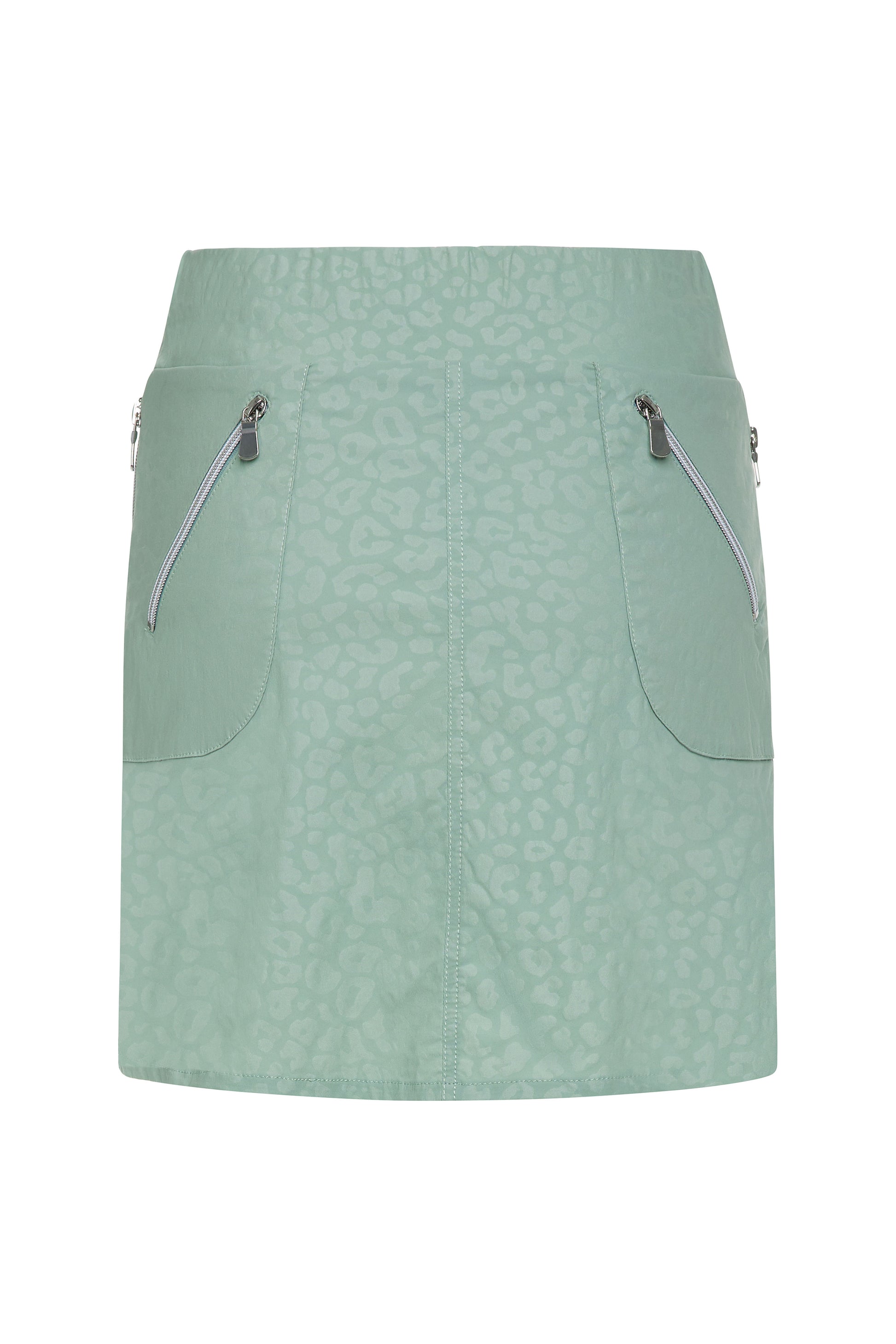 The Best Travel Skirt. Flat Lay of an Embossed Suzzette Skort in Cheetah Sage.