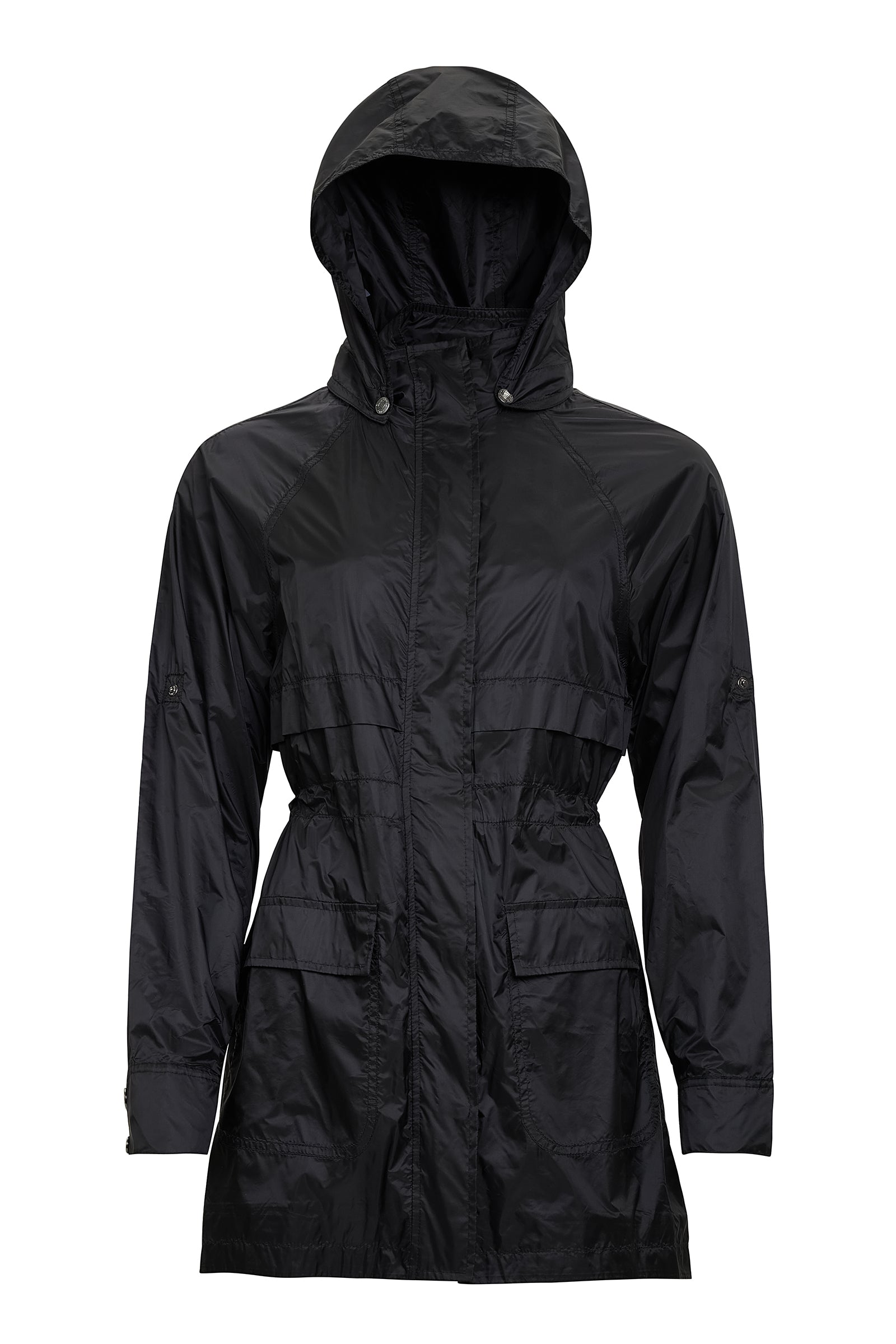 The Best Travel Jacket. Flat Lay of a Ramona Windbreaker Jacket in Black.