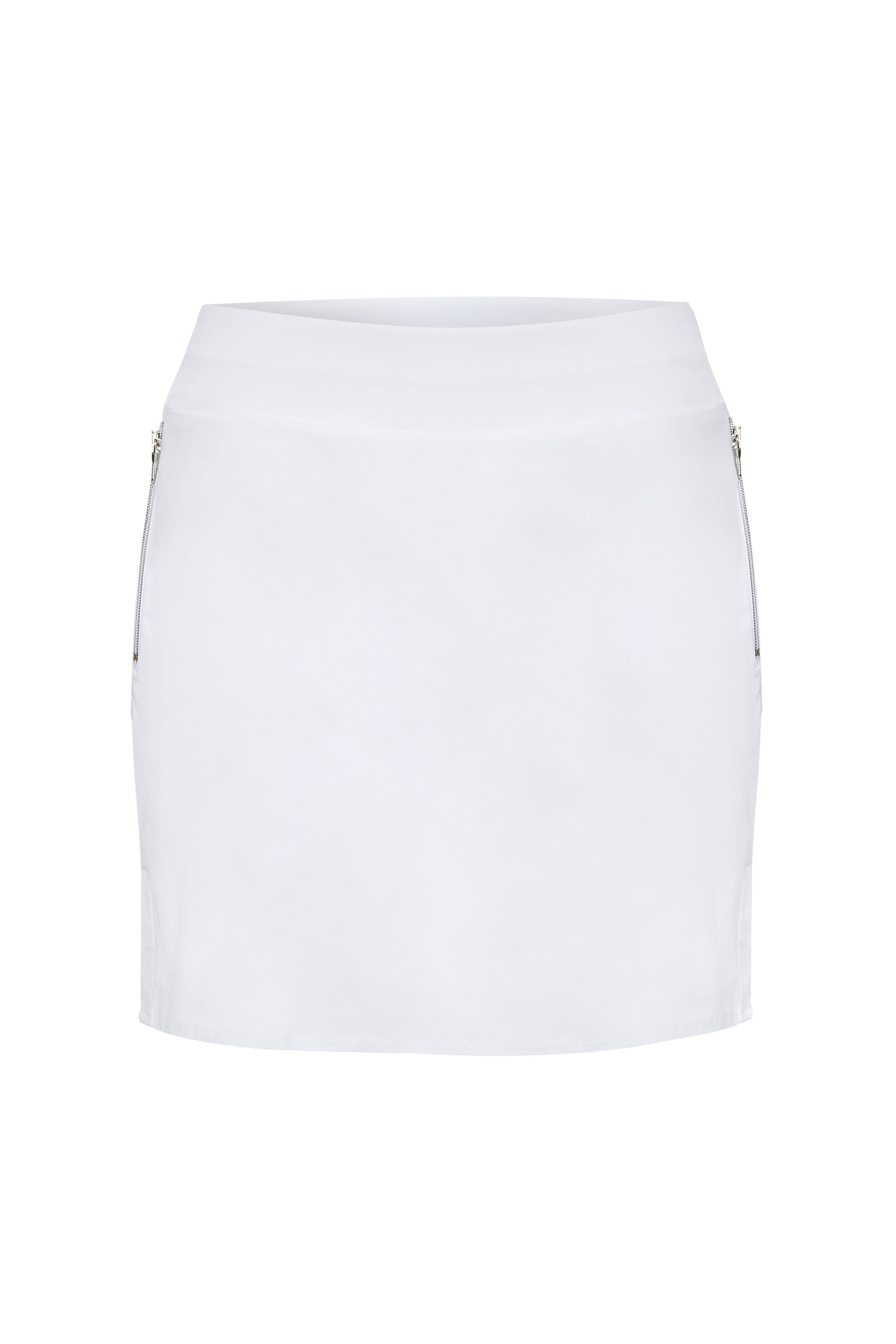 The Best Travel Skort. Flat Lay of a Suzzette Sport Luxe Skort in White.