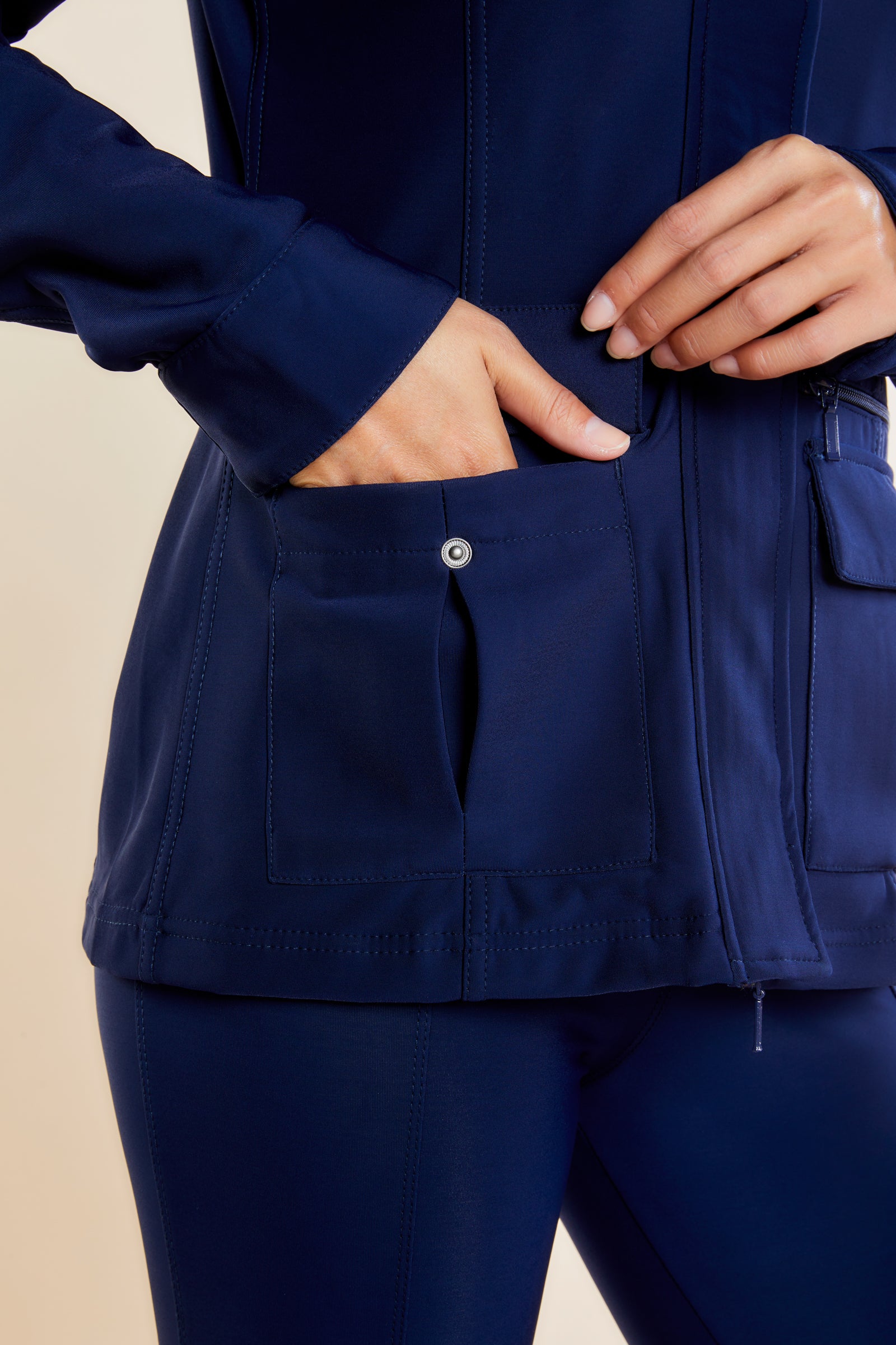 The Best Travel Fleece-Lined Jacket. Open Front Pocket on a Kenya Cozy Fleece-Lined Jacket in Navy