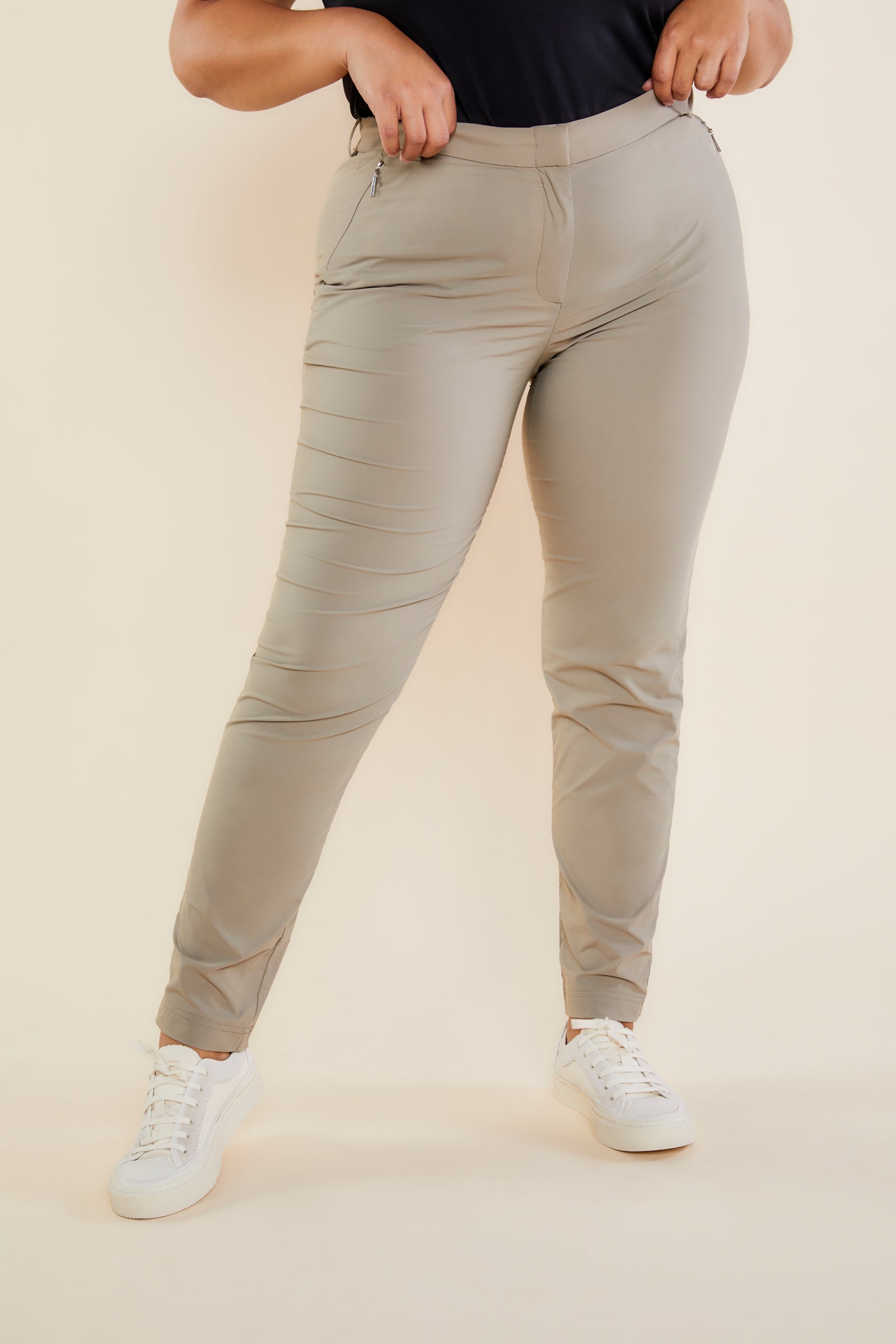 The Best Travel Pants. Front Profile of the Thea Curvy Pant in Khaki.