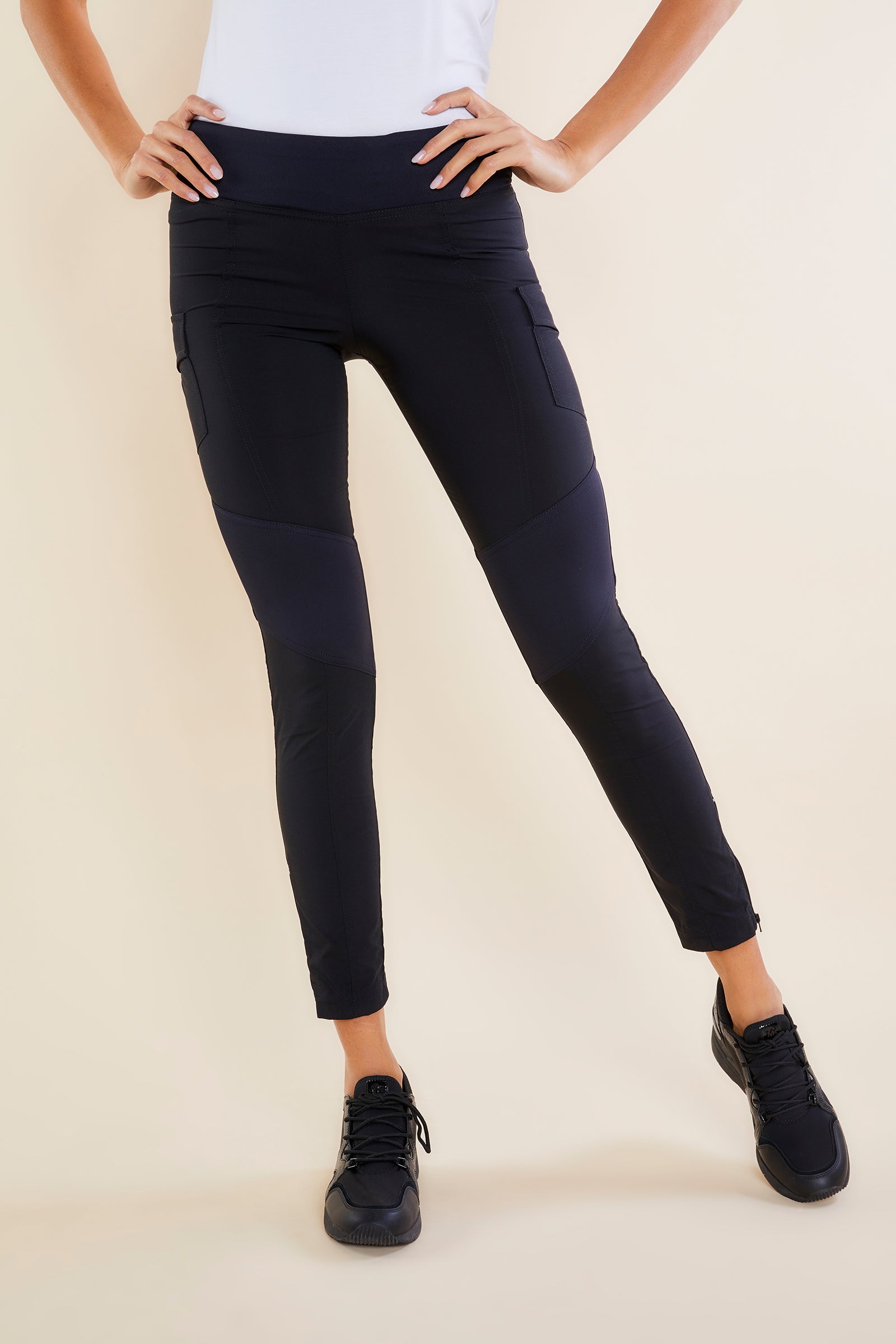 The Best Travel Pants. Front Profile of the Andrea Contrast-Panel Legging in Black