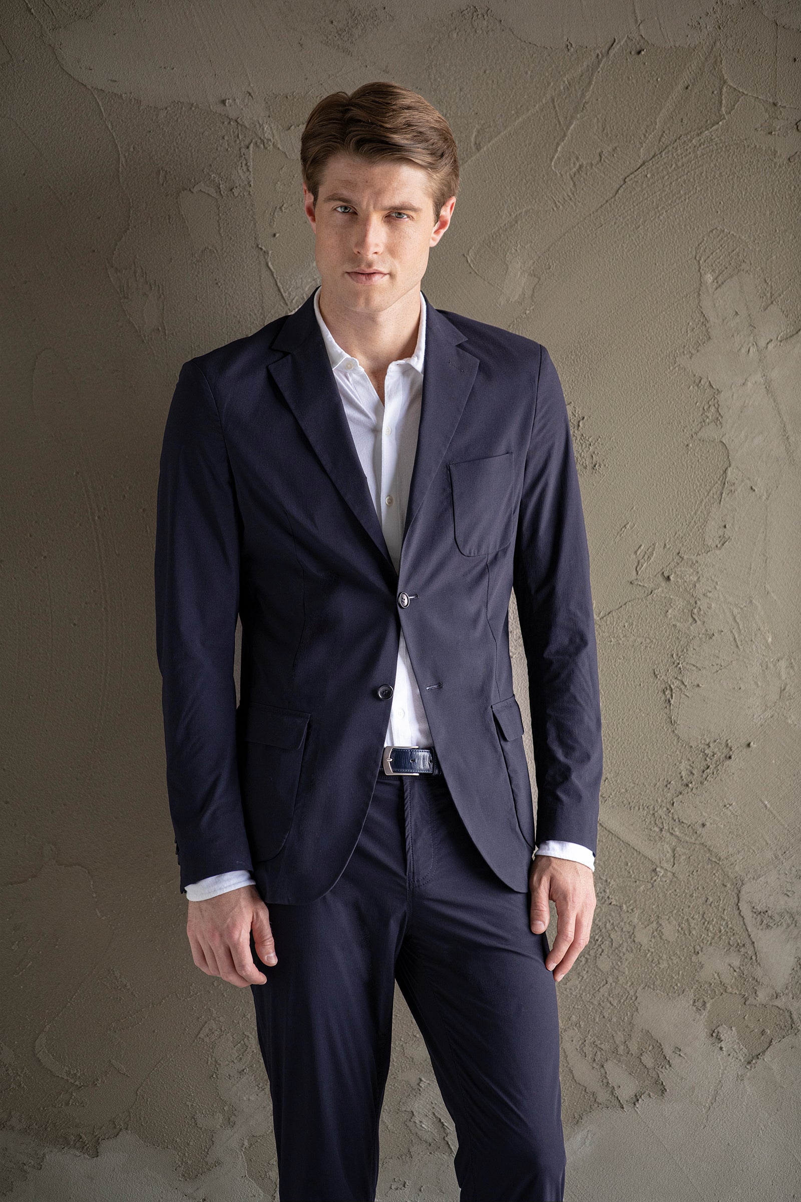 The Best Blazer. Man Showing the Front Profile of a Men's Hemingway Blazer in Navy.